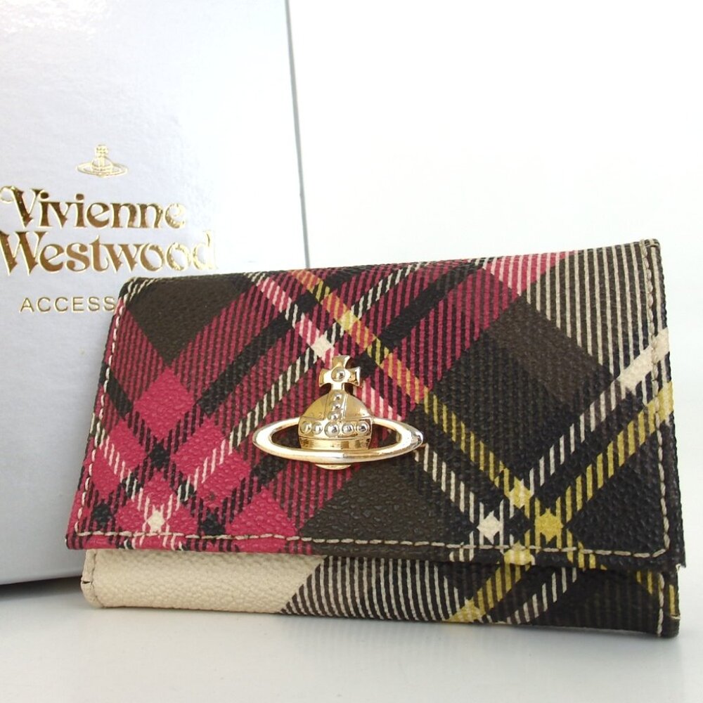 Vivienne Westwood Pink Plaid Leather Key & Card Holder with Gold Orb